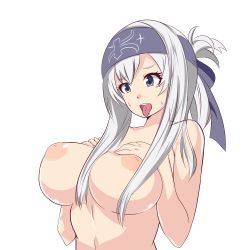  10s 1girl absurdres blue_eyes breast_suppress breasts female_focus hair_ornament highres kamoi_(kancolle) kantai_collection large_breasts long_hair mrtapyoca nude open_mouth ponytail puffy_nipples silver_hair simple_background solo sweat tongue tongue_out upper_body white_background 