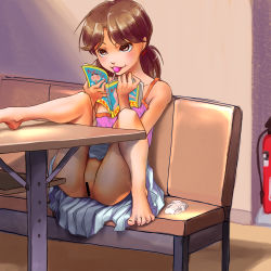 1girl bar_censor bare_arms bare_legs bare_shoulders barefoot blush book brown_eyes brown_hair candy censored exhibitionism feet feet_on_table fire_extinguisher flat_chest food full_body gekkou_(geccomajin) indoors leg_up loli lollipop long_hair looking_at_viewer mouth_hold no_panties open_book original panties unworn_panties parted_bangs pleated_skirt public_indecency reading short_hair sitting skirt solo table tank_top toes underwear viewing_pornography rating:Explicit score:257 user:danbooru