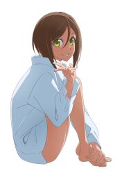  1girl bob_cut bottomless brown_hair collared_shirt fanged_bangs from_side full_body grin haba_yuiri hair_between_eyes hand_on_own_foot hashtag-only_commentary highres inverted_bob knees_to_chest long_sleeves looking_at_viewer looking_to_the_side naked_shirt sano_keiichi shirt short_hair sidelocks simple_background sitting smile solo strike_the_blood v white_background white_shirt yellow_eyes 