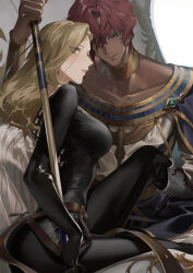  1boy 1girl akiyoshi_haru armor ass belt black_bodysuit blonde_hair bodysuit breasts collarbone commentary dark-skinned_male dark_skin dohalim_(tales) gold_trim greaves holding holding_polearm holding_weapon jewelry kisara_(tales) large_breasts long_hair neck_ring parted_lips polearm red_hair short_hair sitting skin_tight symbol-only_commentary tales_of_(series) tales_of_arise weapon 
