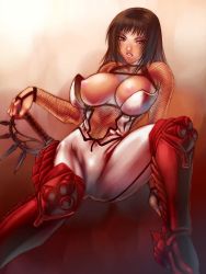1girl armor black_hair breasts chiba_toshirou fishnets hibana kunoichi_(game) large_breasts ninja nipples no_bra sega solo sword weapon rating:Questionable score:39 user:danbooru