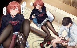  1boy 1girl after_footjob black_hoodie black_pantyhose blush brown_hair cellphone censored closed_mouth cum cum_on_body cum_on_clothes cum_on_feet djheycha drawstring emotionless_sex feet footjob from_above grey_skirt hair_ornament hair_over_one_eye hairclip hetero higuchi_madoka holding holding_phone hood hoodie idolmaster idolmaster_shiny_colors long_sleeves looking_at_phone looking_to_the_side mole mole_under_eye mosaic_censoring no_shoes open_mouth panties panties_under_pantyhose pantyhose penis phone pleated_skirt purple_eyes short_hair sitting skirt smartphone soles sweater toes translated underwear white_panties  rating:Explicit score:206 user:danbooru
