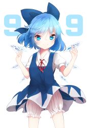  1girl absurdres akisha bad_id bad_pixiv_id bloomers blue_bow blue_dress blue_eyes blue_hair bow cirno closed_mouth cowboy_shot dress hair_bow highres ice ice_wings looking_at_viewer red_ribbon ribbon short_dress short_hair short_sleeves simple_background smile solo standing touhou underwear white_background wings 