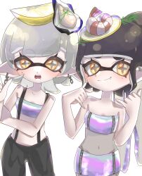  alternate_costume alternate_hairstyle black_hair callie_(splatoon) cousins food food_on_head highres inkling marie_(splatoon) midriff mole mole_under_eye multicolored_clothes nintendo object_on_head official_alternate_costume open_mouth smile smn_cbn splatoon_(series) splatoon_1 splatoon_2 splatoon_3 star-shaped_pupils star_(symbol) sushi symbol-shaped_pupils tentacle_hair white_hair yellow_eyes 