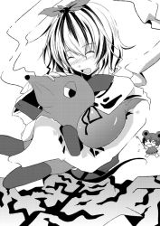 &gt;_&lt; 2girls animal_ears animal_print between_breasts blush breasts capelet chibi chibi_inset closed_eyes crossover cuddling die_sendung_mit_der_maus dowsing_rod greyscale hair_ornament head_between_breasts layered_clothes long_sleeves maus_(die_sendung_mit_der_maus) monochrome mouse_(animal) mouse_ears multiple_girls nazrin open_mouth reiha_(penetrate) shawl short_hair skirt tiger_print toramaru_shou touhou whiskers