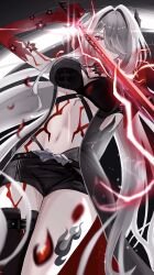  1girl acheron_(honkai:_star_rail) armor asymmetrical_legwear belt black_belt black_choker black_coat black_hole black_shorts blood bloody_tears body_markings boots breasts bright_pupils choker cleavage coat coattails colored_extremities commentary_request covered_mouth cowboy_shot criss-cross_halter earrings electricity flower glint hair_intakes hair_ornament hair_over_one_eye halterneck highres holding holding_sword holding_weapon honkai:_star_rail honkai_(series) jewelry large_breasts leg_tattoo long_hair looking_at_viewer midriff navel nukoxx_02 red_eyes red_flower red_petals shorts shoulder_armor solo standing sword tattoo thigh_boots thighs very_long_hair weapon white_hair white_pupils 