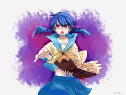  1girl alternate_eye_color blue_hair blue_skirt book book_of_shadows burning_eyes casting_spell corpse_party irodorie long_tongue looking_at_viewer magic midriff neckerchief open_mouth red_eyes school_uniform serafuku shinozaki_ayumi short_hair short_twintails skirt spoilers stitches tongue tongue_out tsurime twintails white_background yellow_neckerchief 