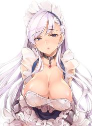 1girl :o apron azur_lane bare_shoulders belfast_(azur_lane) blue_eyes braid breasts chain cleavage collar collarbone corset covered_erect_nipples facing_viewer french_braid frilled_apron frilled_gloves frills gloves highres large_breasts low-cut maid maid_apron maid_headdress open_mouth see-through silver_hair solo thomasz white_apron white_gloves rating:Sensitive score:51 user:danbooru