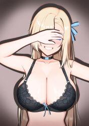  1girl absurdres aqua_ribbon asuna_(blue_archive) asymmetrical_bangs black_bra blonde_hair blue_archive blue_eyes blush bra breasts commentary covering_face dudwns facing_viewer hair_over_one_eye hair_ribbon hand_on_own_face head_tilt highres huge_breasts long_hair no_halo outstretched_arm ribbon shadow smile solo spotlight teeth tsurime underwear underwear_only upper_body 