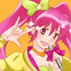  10s 1girl aino_megumi cure_lovely happinesscharge_precure! happy looking_at_viewer lowres macross macross_frontier nakajima_megumi open_mouth precure ranka_lee simple_background smile solo voice_actor_connection  rating:Sensitive score:1 user:whiteace