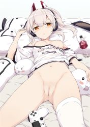  1girl :o ayanami_(azur_lane) azur_lane bare_shoulders bed_sheet blonde_hair blush blush_stickers bottle bottomless breasts breasts_out clothes_writing controller cowboy_shot dakimakura_(object) dualshock game_controller gamepad gotyou groin hagirussia hair_between_eyes hair_ornament half-closed_eyes hand_up headgear headphones highres long_hair looking_at_viewer lying navel nipples no_bra nude_filter off-shoulder_shirt off_shoulder on_back orange_eyes parted_lips pillow platinum_blonde_hair playstation_controller ponytail pussy shirt short_sleeves side_ponytail silver_hair simple_background single_thighhigh small_breasts solo stomach stuffed_toy tablet_pc thighhighs thighs third-party_edit uncensored underwear white_background white_shirt white_thighhighs  rating:Explicit score:181 user:danbooru