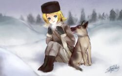 1girl animal black_eyes black_hat black_mittens blonde_hair blue_eyes blurry blurry_background breath brown_coat brown_pants coat commentary day dog english_commentary full_body fur-trimmed_sleeves fur_hat fur_trim grey_sky hat highres kagamine_rin long_sleeves looking_at_another looking_at_viewer mittens open_mouth outdoors pants scarf short_hair signature sitting sky smile snow solo tree vocaloid white_scarf winter winter_clothes yunare