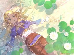 1girl blonde_hair braid breasts crown_braid day flower green_eyes hair_ornament hairclip highres lips long_hair long_sleeves lotus lying medium_breasts nintendo on_back outdoors pants parted_bangs parted_lips partially_submerged pointy_ears princess_zelda shirt shuri_(84k) solo sparkle sunlight the_legend_of_zelda the_legend_of_zelda:_breath_of_the_wild thick_eyebrows twitter_username water rating:Sensitive score:14 user:danbooru
