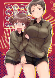  2girls absurdres alisa_(girls_und_panzer) arm_hug black_shorts blush breasts brown_eyes brown_hair brown_jacket closed_mouth commentary emblem freckles frown girls_und_panzer gloom_(expression) hair_ornament half-closed_eyes hand_in_pocket highres jacket koyama_harutarou large_breasts long_sleeves looking_at_another military_uniform multiple_girls naomi_(girls_und_panzer) open_mouth outline saunders_military_uniform scared short_hair short_twintails shorts side-by-side standing star_(symbol) star_hair_ornament sweatdrop tears twintails uniform very_short_hair white_outline wide-eyed yuri 