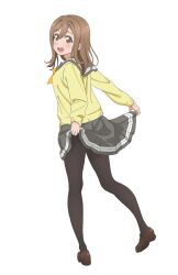  1girl :d black_pantyhose blush brown_footwear brown_hair clothes_lift double-parted_bangs from_side full_body grey_sailor_collar grey_skirt hashtag-only_commentary highres kunikida_hanamaru lifted_by_self loafers long_hair long_sleeves looking_at_viewer looking_to_the_side love_live! love_live!_sunshine!! miniskirt open_mouth pantyhose pleated_skirt sailor_collar sano_keiichi school_uniform serafuku shoes sidelocks skirt skirt_lift smile solo sweater teeth upper_teeth_only uranohoshi_school_uniform winter_uniform yellow_eyes yellow_sweater 