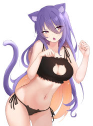  1girl absurdres animal_ears aura_(aurapls) breasts cat_cutout cat_ears cat_lingerie cat_tail clothing_cutout fang highres hololive hololive_indonesia large_breasts long_hair meme_attire moona_hoshinova multicolored_hair navel panties paw_pose purple_hair side-tie_panties solo tail two-tone_hair underwear underwear_only virtual_youtuber white_background  rating:Sensitive score:87 user:danbooru