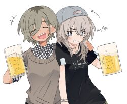  2girls alcohol beer beer_mug black_shirt blush clenched_teeth closed_eyes collared_shirt commentary cup dotty-44 earrings girls_band_cry grey_hair grey_sweater_vest hair_between_eyes hand_on_another&#039;s_shoulder highres holding holding_cup jewelry kawaragi_momoka long_hair long_hair_between_eyes mole mole_under_eye mug multicolored_hair multiple_girls necklace open_mouth plaid plaid_shirt roots_(hair) rupa_(girls_band_cry) shirt short_hair short_sleeves simple_background squiggle sweater_vest symbol-only_commentary teeth upper_teeth_only white_background white_shirt 