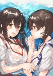 2girls akagi_(kancolle) blush breasts brown_hair bubble cleavage from_side fukuroumori half-closed_eyes holding_hands in_water interlocked_fingers kaga_(kancolle) kantai_collection looking_at_another medium_breasts multiple_girls ponytail see-through wet wet_clothes yellow_eyes rating:Questionable score:4 user:danbooru
