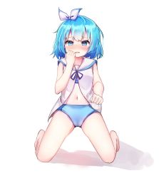 1girl absurdres bad_id bad_twitter_id barefoot blue_eyes blue_hair blue_panties blush bow clothes_lift commentary_request hair_bow hand_to_own_mouth highres kneeling kosobin lifting_own_clothes loli navel no_pants open_clothes open_shirt original panties ribbon shirt shirt_lift short_hair simple_background sleeveless sleeveless_shirt solo underwear white_background white_shirt rating:Questionable score:21 user:danbooru