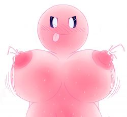  1girl blue_eyes blush breasts female_focus gender_request genderswap kirby kirby_(series) lactation large_breasts looking_at_viewer nintendo nipples smile solo sweat tongue tongue_out  rating:Explicit score:5 user:hornylittlekirby