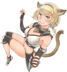  1girl adventurer_(ff11) animal_ear_fluff animal_ears black_gloves blonde_hair blue_eyes blue_hairband breasts bright_pupils brown_tail cactus41747280 cat_ears cat_girl cat_tail cleavage closed_mouth crossed_bangs elbow_gloves eyelashes film_grain final_fantasy final_fantasy_xi fingerless_gloves fingernails fringe_trim full_body gloves gradient_eyes green_eyes hairband hands_up highres long_hair looking_at_viewer low-tied_long_hair medium_breasts mithra_(ff11) multicolored_eyes multicolored_hairband no_eyebrows red_hairband simple_background smile solo tail tail_raised toeless_legwear toenails two-tone_eyes white_background white_hairband white_pupils 