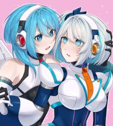  bare_shoulders black_bodysuit blue_eyes blue_hair blush bodysuit breasts covered_navel headphones highres ico_(megaman_x_dive) large_breasts light_blush looking_at_another mechanical_wings medium_hair mega_man_(series) mega_man_x_(series) mega_man_x_dive myamata_no necktie one_side_up pink_background rico_(mega_man) ringed_eyes robot_girl scar scar_on_face short_hair sparkle wings 