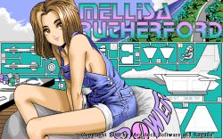  1990s_(style) 1995 1girl aircraft airplane bean_bag breasts brown_hair character_name company_name fighter_jet game_cg jet long_hair looking_at_viewer megatech_software mellisa_rutherford_(power_dolls) military military_vehicle no_bra overall_shorts overalls pilot pixel_art power_dolls_(game) retro_artstyle short_overalls sideboob solo tagme weapon yellow_eyes 