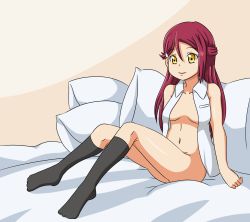  10s 1girl bed breasts brown_eyes cleavage closed_mouth hair_ornament highres indoors long_hair looking_at_viewer love_live! love_live!_sunshine!! lunarisaileron medium_breasts navel no_bra no_panties on_bed open_clothes pillow red_hair sakurauchi_riko sitting smile solo thighhighs 