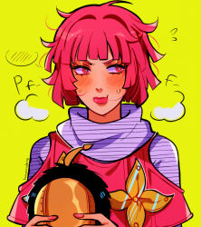  1girl absurdres artist_name blush bob_cut commentary english_commentary hat highres holding holding_clothes holding_hat hot_pants_(sbr) huyandere jojo_no_kimyou_na_bouken messy_hair pink_eyes pink_hair pink_lips pout signature solo steel_ball_run sweat unworn_hat unworn_headwear upper_body yellow_background 