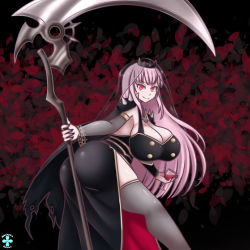  1girl 2021 armguard ass between_buttocks black_cloak black_dress black_nails breasts buttons cleavage cloak cup detached_sleeves dress drinking_glass fingernails gold_trim holding holding_scythe holding_weapon hololive hololive_english huge_ass huge_breasts large_breasts long_hair mori_calliope nail_polish pale_skin pink_hair red_eyes scythe see-through see-through_sleeves simple_background single_detached_sleeve smile solo spikes that-girl-whodraws thick_thighs thighhighs thighs thorns tiara veil virtual_youtuber weapon wine_glass yukihana_draws  rating:Questionable score:18 user:Chibodee