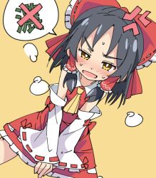  1girl anger_vein ascot black_hair blush bow bright_pupils collared_shirt commentary_request cookie_(touhou) cowboy_shot detached_sleeves frilled_bow frilled_hair_tubes frilled_skirt frills hair_bow hair_tubes hakurei_reimu ixy looking_at_viewer medium_hair open_mouth red_bow red_shirt red_skirt ribbon-trimmed_sleeves ribbon_trim sananana_(cookie) shirt sidelocks skirt skirt_set sleeveless sleeveless_shirt solo touhou white_pupils white_sleeves wide_sleeves yellow_ascot yellow_background yellow_eyes  rating:General score:10 user:danbooru