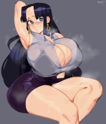  1girl absurdres armpits blush boa_hancock breasts button_gap grey_background heart highres huge_breasts miniskirt nezulet one_piece sitting skirt solo steaming_body sweat tagme thick_thighs thighs  rating:Questionable score:105 user:Ahegao_lmao
