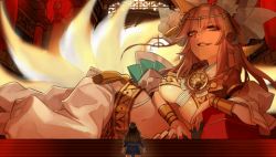  10s 1girl animal_ears bow breasts fang fate/extra fate/extra_ccc fate_(series) fox_ears fox_tail game_cg hair_bow hair_ribbon lowres nail_polish parody pink_hair ribbon smile spoilers tail tamamo_(fate) tamamo_no_mae_(fate/extra) twintails underboob wada_arco  rating:Sensitive score:32 user:kaoknight