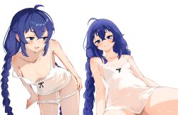  1girl absurdres ahoge alternate_costume babywipes blue_eyes blue_hair braid breasts camisole collarbone commentary crossed_bangs english_commentary hair_between_eyes highres long_hair looking_at_viewer looking_to_the_side multiple_views mushoku_tensei no_panties panties panty_pull pussy_juice pussy_juice_trail roxy_migurdia simple_background small_breasts spread_legs strap_slip twin_braids underwear undressing upper_body very_long_hair white_background white_camisole white_panties 