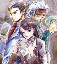 1girl 2boys mia_fey bad_anatomy bad_hands breasts brown_eyes brown_hair capcom cleavage coffee cup dress_shirt facial_hair formal goatee godot_(ace_attorney) ace_attorney phoenix_wright:_ace_attorney_-_trials_and_tribulations head-mounted_display large_breasts long_hair long_sleeves looking_at_viewer looking_away mole multiple_boys phoenix_wright necktie open_mouth scarf shirt smile spiked_hair standing suit vest white_hair rating:Sensitive score:6 user:danbooru