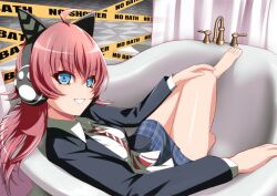1girl ahoge animal_ear_headphones animal_ears arm_rest bang_dream! bare_legs barefoot bathtub black_jacket blazer blue_eyes blue_skirt breasts cat_ear_headphones caution_tape collared_shirt commentary_request curtains diagonal-striped_clothes diagonal-striped_necktie empty_bathtub fake_animal_ears fang from_behind grin hand_on_own_knee hands_up headphones hiraken indoors jacket knee_up leg_up long_hair looking_at_viewer looking_back medium_breasts miniskirt necktie open_clothes open_jacket parted_lips plaid plaid_skirt pleated_skirt reclining red_hair red_necktie school_uniform shirt skirt smile solo striped_clothes tamade_chiyu v-shaped_eyebrows white_shirt