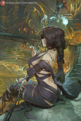  1girl ass back bare_shoulders black_dress black_hair breasts butt_crack choker cutesexyrobutts demon&#039;s_souls dress highres jewelry large_breasts long_hair long_sleeves low_ponytail maiden_in_black necklace sideboob sitting solo staff stairs thighs torn_clothes torn_dress 