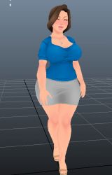 3d animated animated_gif bouncing_breasts breasts brown_hair colorized closed_eyes isukecchi jewelry large_breasts lm_(legoman) mature_female miniskirt necklace original skirt smile walking wide_hips 