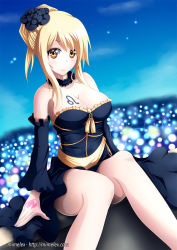  1girl artist_name blonde_hair blush breast_tattoo breasts brown_eyes cleavage detached_sleeves dress fairy_tail female_focus hair_ornament happy highres large_breasts long_hair looking_at_viewer lucy_heartfilia mimelex nail_polish sitting smile solo strapless strapless_dress tattoo  rating:Sensitive score:36 user:funkygamer