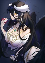  1girl absurdres albedo_(overlord) black_hair black_wings breasts cleavage demon_girl highres horns large_breasts long_hair overlord_(maruyama) wings yamasede_neiko yellow_eyes  rating:Explicit score:13 user:Ellipse8