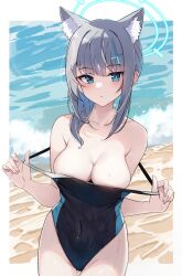  1girl animal_ear_fluff animal_ears beach black_one-piece_swimsuit blue_archive blue_eyes breasts clothes_pull competition_swimsuit covered_navel cowboy_shot cross_hair_ornament extra_ears grey_hair hair_ornament halo highres irohakaede looking_at_viewer low_ponytail medium_breasts medium_hair mismatched_pupils multicolored_clothes multicolored_swimsuit ocean official_alternate_costume one-piece_swimsuit one-piece_swimsuit_pull shiroko_(blue_archive) shiroko_(swimsuit)_(blue_archive) solo swimsuit waves wet wet_clothes wet_swimsuit wolf_ears 