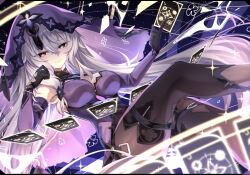  1girl absurdres black_gloves black_pantyhose black_swan_(honkai:_star_rail) breasts card commentary_request detached_sleeves dress feet_out_of_frame gloves grey_hair highres holding holding_card honkai:_star_rail honkai_(series) knees_up large_breasts long_hair looking_at_viewer matagi_14 pantyhose pointing pointing_up purple_dress sidelocks smile solo tarot veil yellow_eyes 