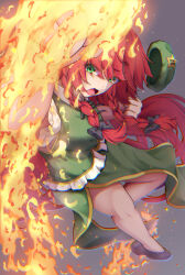 1girl beret black_bow bow braid china_dress chinese_clothes commentary_request dress fire green_eyes green_hat hair_bow hat hat_ornament highres hong_meiling long_hair mizunisabano open_mouth punching red_hair shoes shouryuuken solo star_(symbol) star_hat_ornament street_fighter touhou twin_braids unworn_headwear uppercut very_long_hair