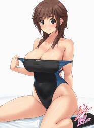  1girl amagami bare_shoulders black_one-piece_swimsuit black_socks blue_one-piece_swimsuit breasts brown_eyes brown_hair choppy_bangs cleavage clothes_pull collarbone commentary_request commission competition_swimsuit groin hair_flaps hair_over_shoulder highleg highleg_swimsuit highres large_breasts light_blush looking_at_viewer medium_hair one-piece_swimsuit one-piece_swimsuit_pull pixiv_commission sakurai_rihoko sidelocks signature simple_background sitting skindentation smile socks swimsuit thighs two-tone_swimsuit wariza white_background yoo_tenchi 