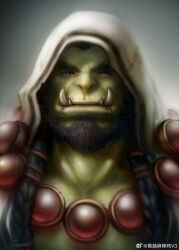  110_(ylnzei) 1boy bara braid colored_skin green_skin large_pectorals light_smile lip_piercing looking_at_viewer male_focus mature_male monster_boy muscular muscular_male orc pectoral_cleavage pectorals piercing portrait solo straight-on thick_eyebrows thrall tusks warcraft world_of_warcraft 