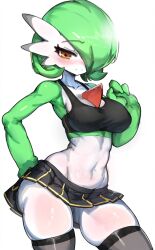  1girl alternate_costume black_bra black_skirt black_thighhighs blush bra breasts closed_mouth colored_skin cowboy_shot creatures_(company) erosechy female_focus game_freak gardevoir gen_3_pokemon green_hair hair_over_one_eye half-closed_eye hand_on_own_hip hand_up highres large_breasts looking_at_viewer microskirt naughty_face navel nintendo orange_eyes pokemon pokemon_(creature) short_hair simple_background skirt smile solo sports_bra standing thick_thighs thighhighs thighs tight_clothes underwear white_background white_skin  rating:Questionable score:42 user:Only_Kemonomimi
