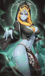  1girl black_skin breasts burnt_green_tea colored_sclera colored_skin cowboy_shot front_ponytail gradient_background grey_skin hand_up highres hood hood_up large_breasts leg_tattoo long_hair looking_at_viewer midna midna_(true) multicolored_skin navel nintendo orange_hair pointy_ears red_eyes shiny_skin smile solo tattoo the_legend_of_zelda the_legend_of_zelda:_twilight_princess two-tone_skin yellow_sclera 