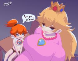  1boy 1girl age_difference bleachedleaves blonde_hair blue_eyes bowser_jr. breasts crown earrings jewelry large_breasts mario_(series) monster_boy nintendo personification princess princess_peach shota size_difference super_mario_sunshine  rating:Sensitive score:81 user:awwwtist
