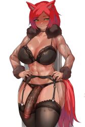  1girl abs animal_ears black_bra black_panties black_thighhighs blush bra breasts character_request choker cleavage copyright_request cowboy_shot fur_collar futanari garter_belt garter_straps grin half-erect hands_on_own_hips highres huge_penis large_breasts large_penis lingerie navel ohthicc panties penis penis_sheath red_hair simple_background smile solo thighhighs uncensored underwear veins veiny_penis white_background yellow_eyes 