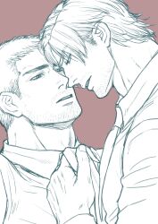  2boys adam&#039;s_apple adjusting_another&#039;s_clothes bara beard_stubble brown_hair chris_redfield collared_shirt couple eye_contact facial_hair greyscale_with_colored_background half-closed_eyes kdk13_(bio_kadoki13) leon_s._kennedy looking_at_another male_focus mature_male multiple_boys muscular muscular_male mustache_stubble necktie necktie_grab neckwear_grab noses_touching parted_lips profile resident_evil resident_evil_6 shirt short_hair sideburns_stubble stubble thick_eyebrows upper_body yaoi 
